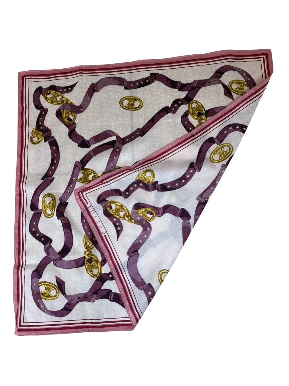 Celine Purple Ribbon & Gold Motif Silk Scarf on White